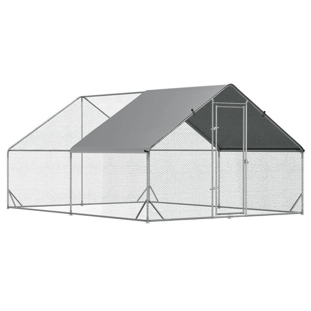 10 ft. x 13 ft. x 6.5 ft. Large Outdoor Silver Metal 0.0029-Acre In-Ground Chicken Coop with Cover and Lockable Door D51-277V01