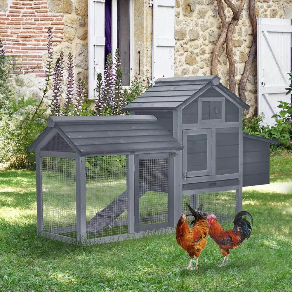 Grey Small Solid Wood In Ground Poultry Cage with 2 Doors Nesting Box and Removable Tray D51-108GY