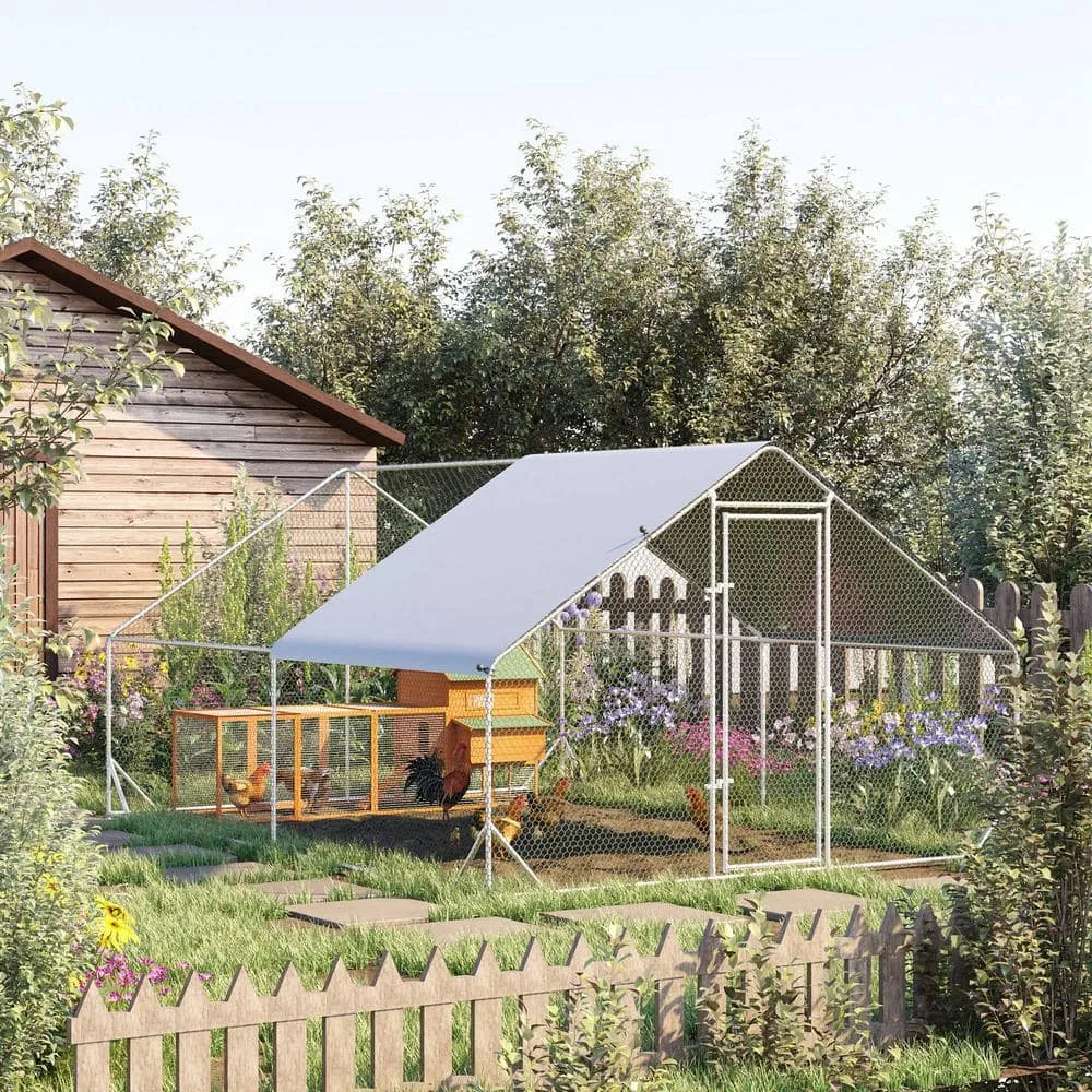 10 ft. x 13 ft. x 6.5 ft. Large Outdoor Silver Metal 0.0029-Acre In-Ground Chicken Coop with Cover and Lockable Door D51-277V01