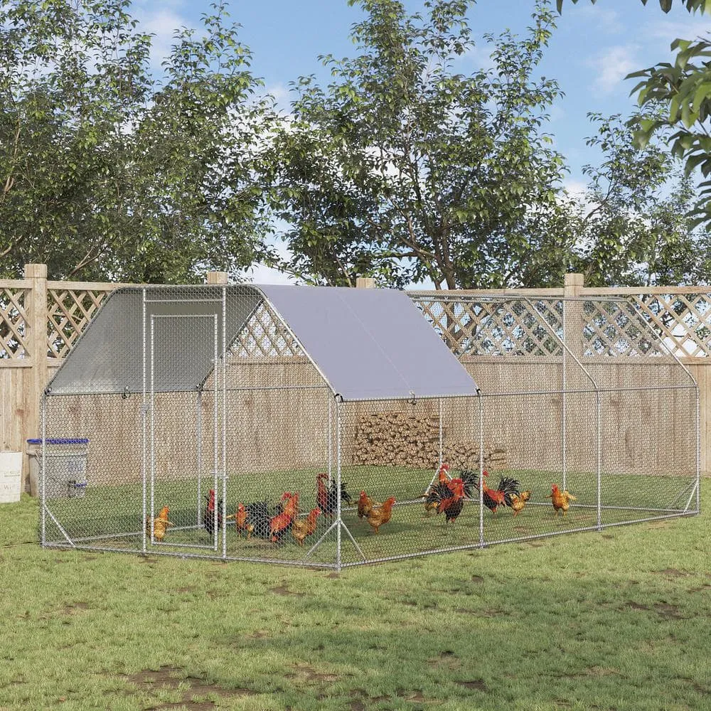 9.2' x 18.7' x 6.4' Chicken Coop Metal Chicken Run Waterproof Anti-UV Cover Flat Shaped Walk in Fence Cage Hen House 3PART-F