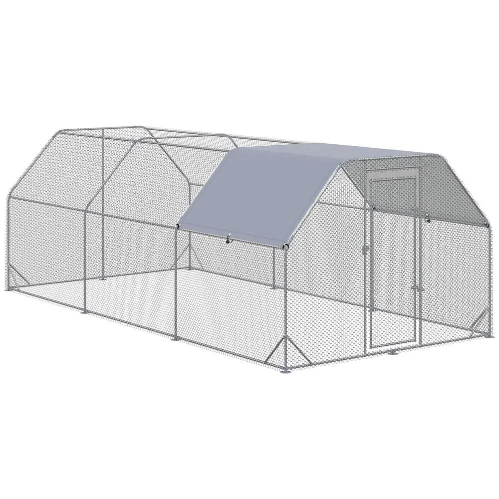 9.2' x 18.7' x 6.4' Chicken Coop Metal Chicken Run Waterproof Anti-UV Cover Flat Shaped Walk in Fence Cage Hen House 3PART-F