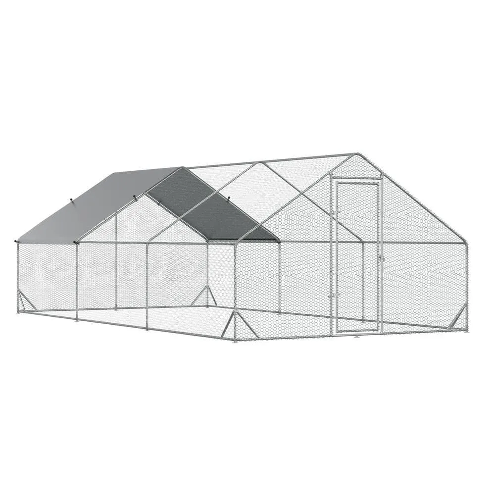 10 ft. x 20 ft. x 6.5 ft. Large Outdoor Silver Metal 0.0046-Acre In-Ground Chicken Coop with Cover and Lockable Door D51-277V02