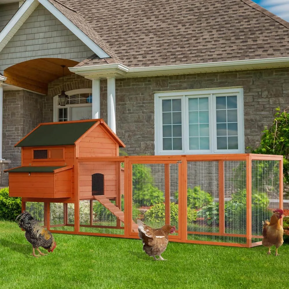 Large Orange Wooden 0.2-Acre In-Ground Lockable Poultry Hen Cage with Nesting Box and Run D51-099V01