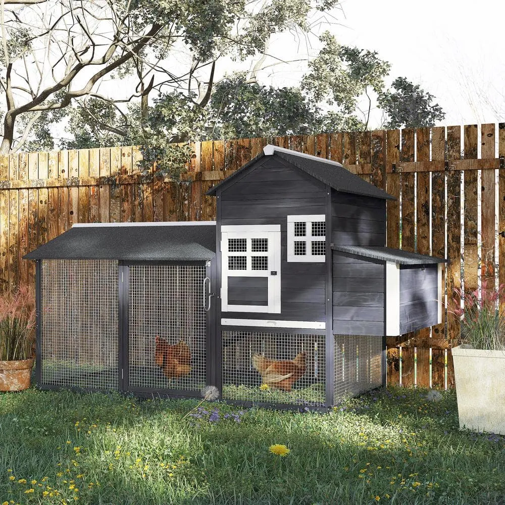 84 in. Grey Wooden Chicken House 12000-Acre In-Ground Chicken Coop wCovered Big Run Poultry Fencing and Perches D51-029GY