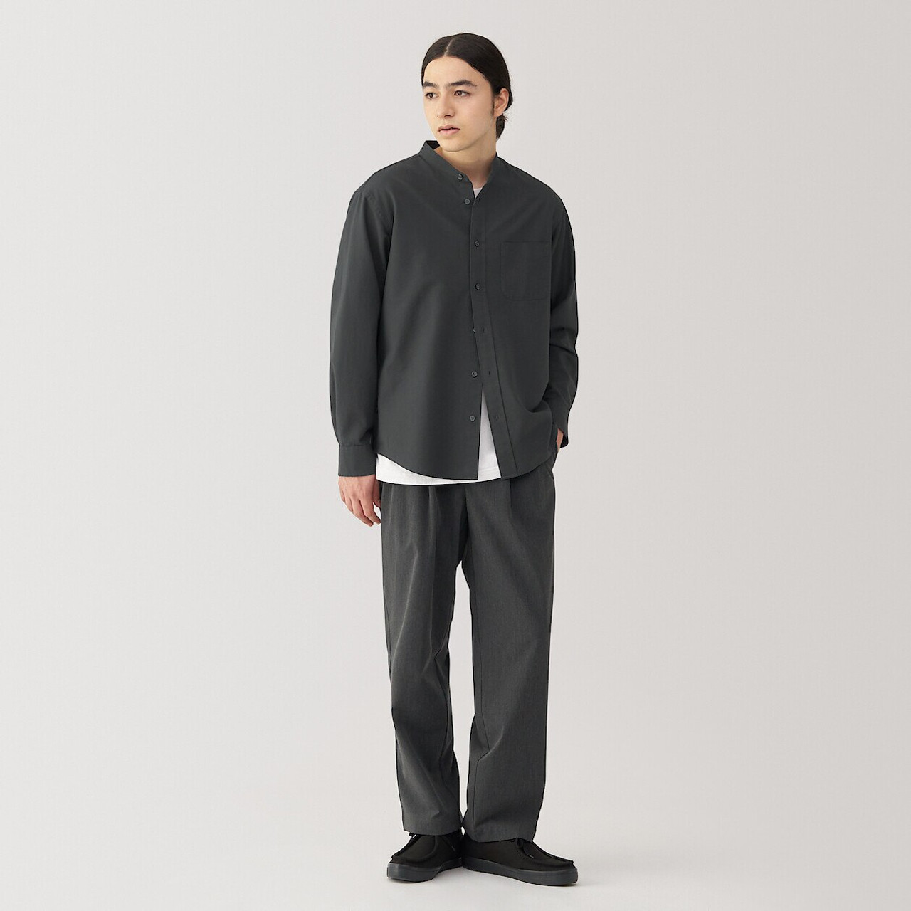Men's Washed Oxford Stand Collar Long Sleeve Shirt.