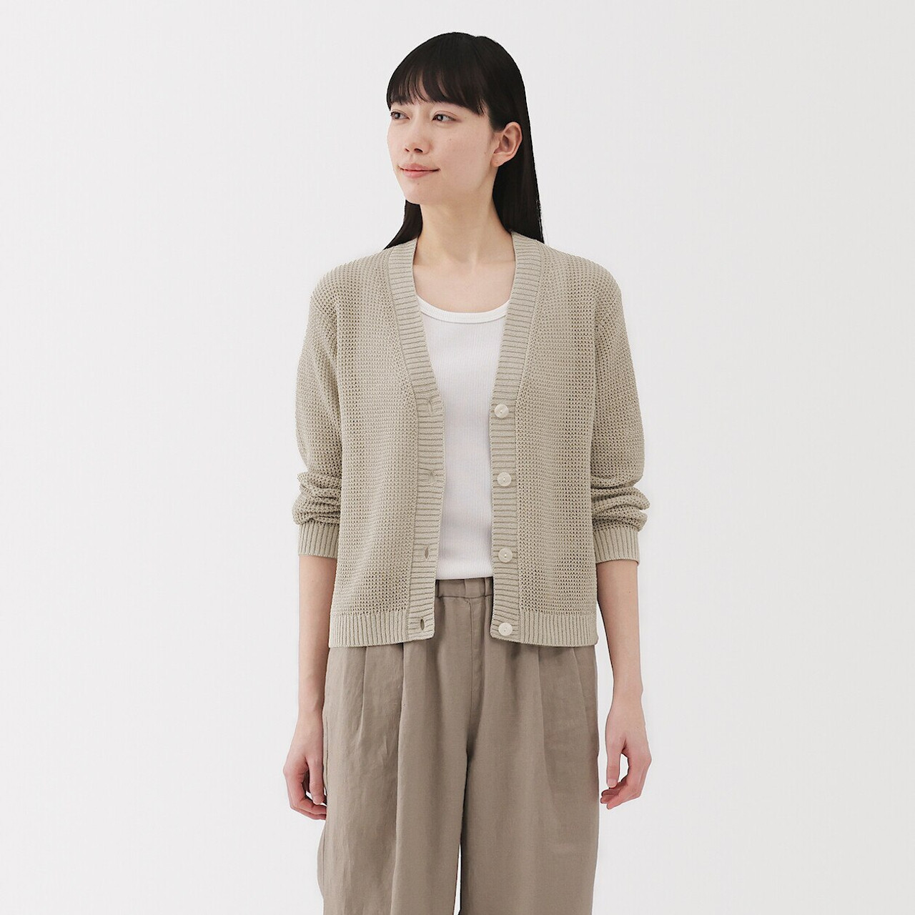 Women's Linen Blend Mesh V Neck Cardigan