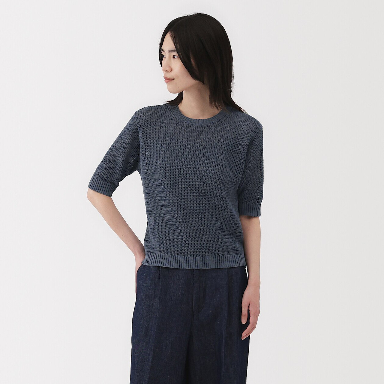 Women's Linen Blend Mesh Half Sleeve Crew Neck Jumper