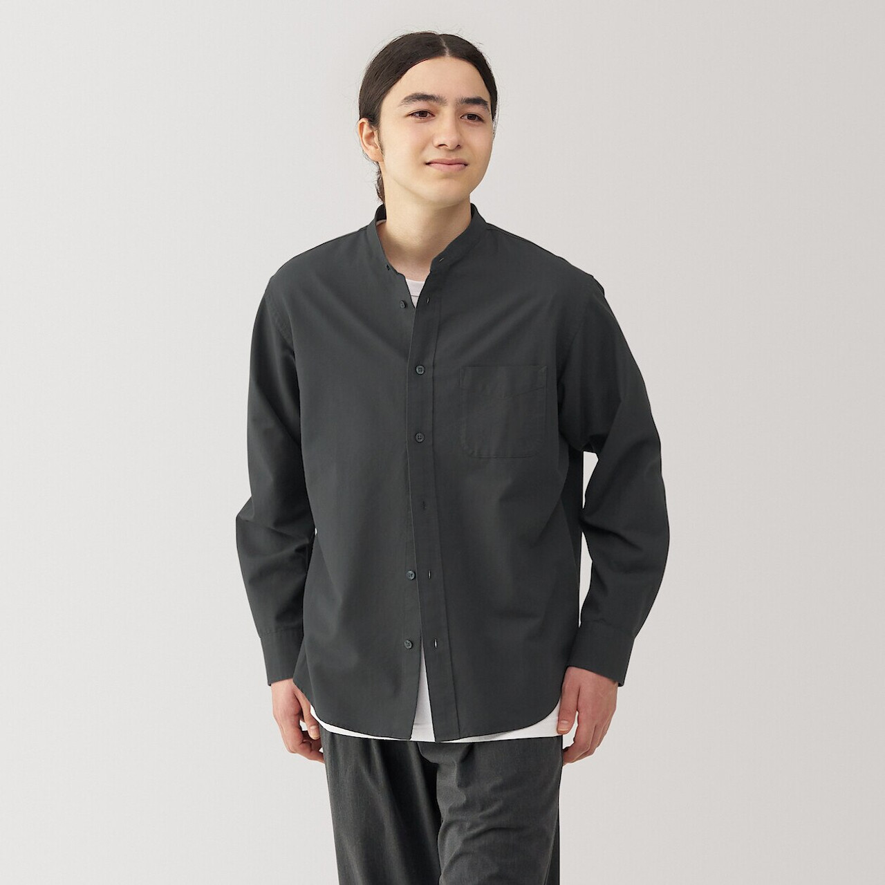 Men's Washed Oxford Stand Collar Long Sleeve Shirt.