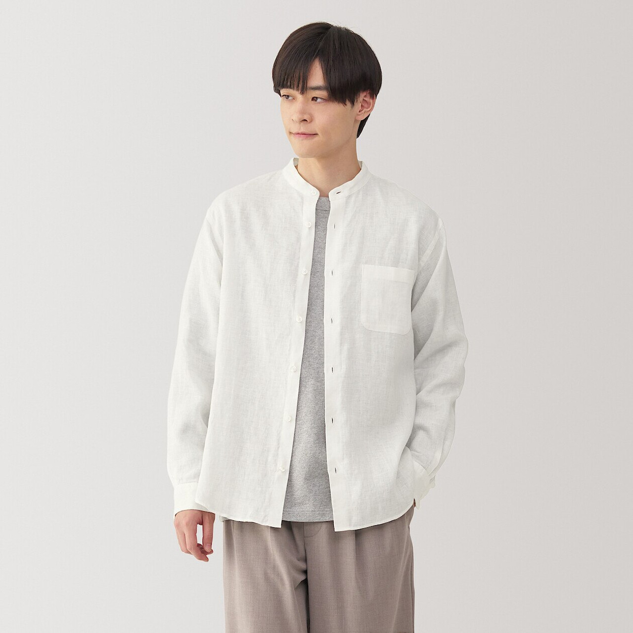 Men's Washed Linen Grandad Collar Shirt