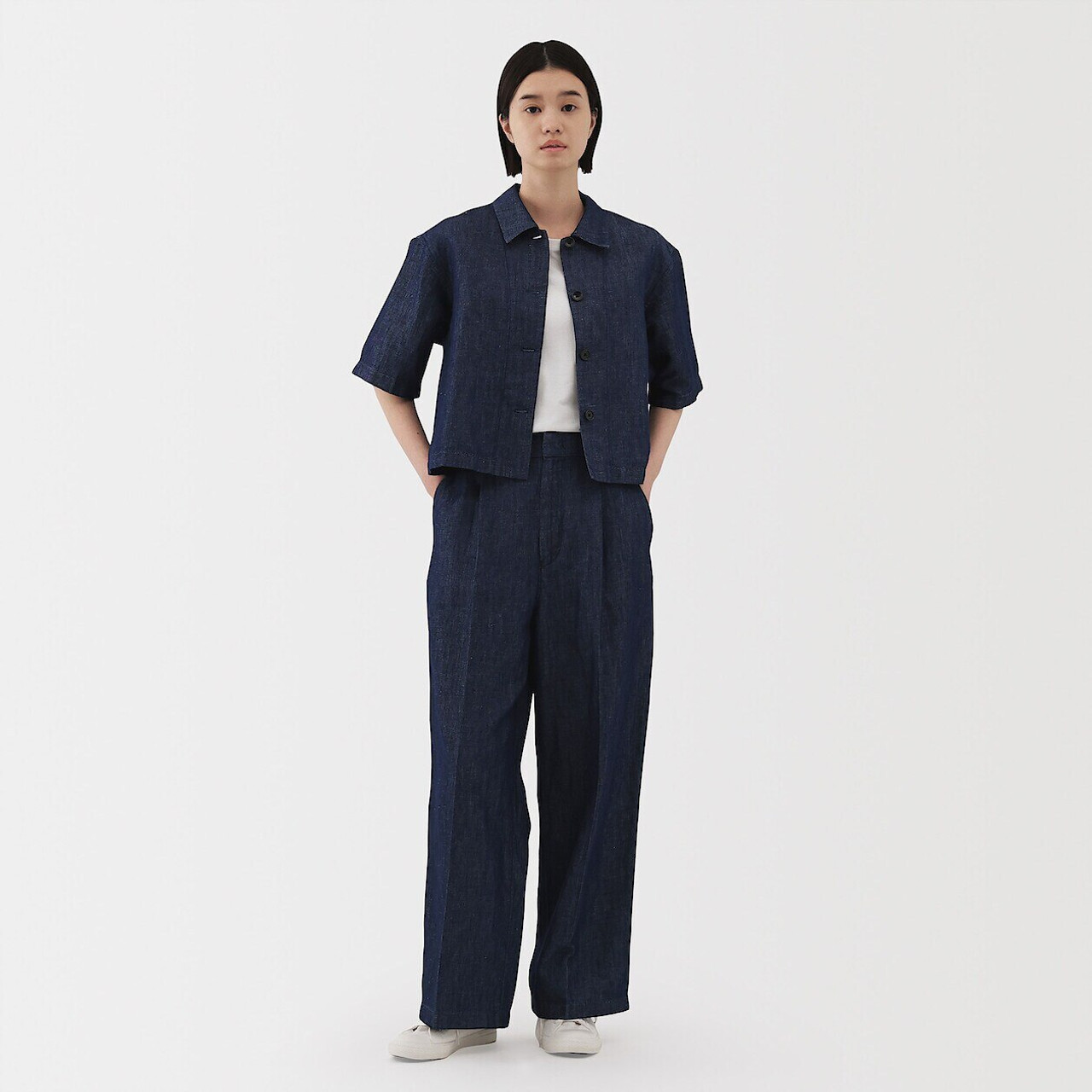 Women's Hemp Blend Denim Pleated Wide Leg Trousers