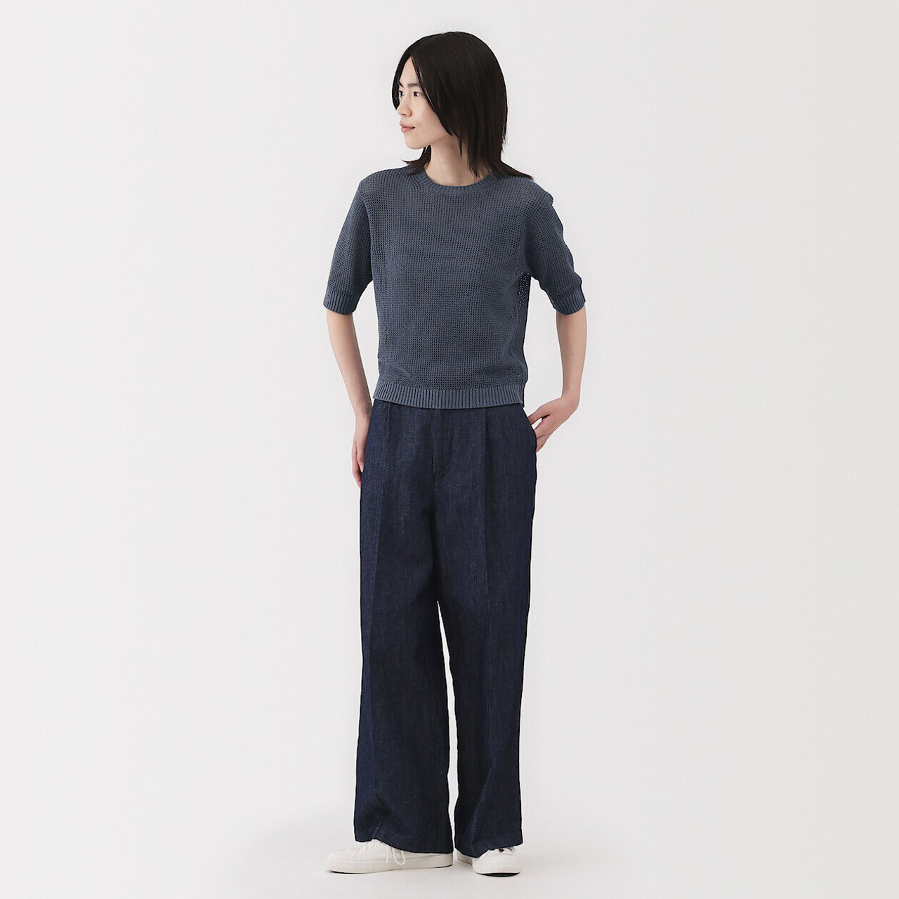 Women's Linen Blend Mesh Half Sleeve Crew Neck Jumper