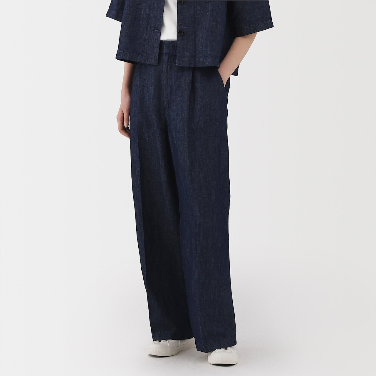 Women's Hemp Blend Denim Pleated Wide Leg Trousers