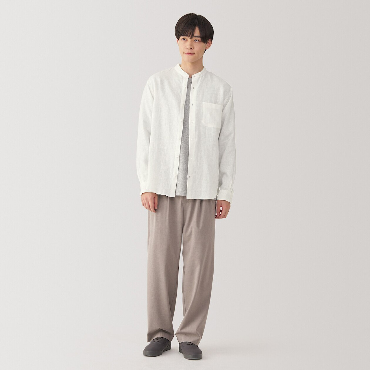 Men's Washed Linen Grandad Collar Shirt