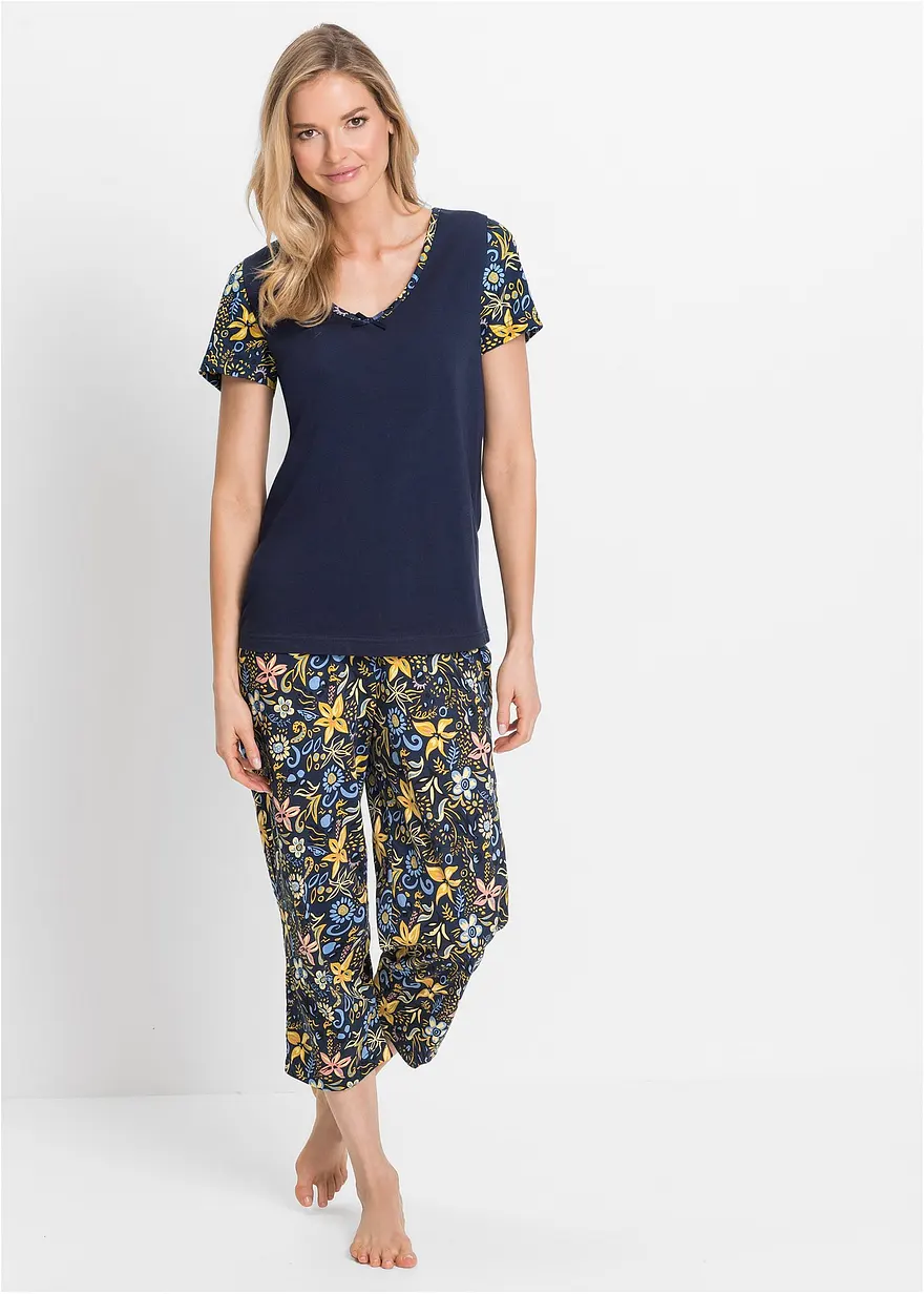 Capri Pyjama mit kurzen Ärmeln aus reiner Baumwolle