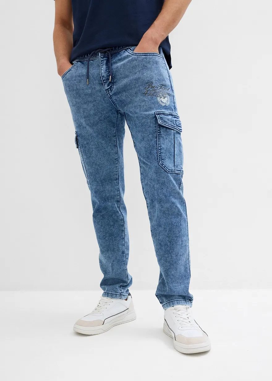 Regular Fit Schlupf-Cargo-Stretch-Jeans, Tapered