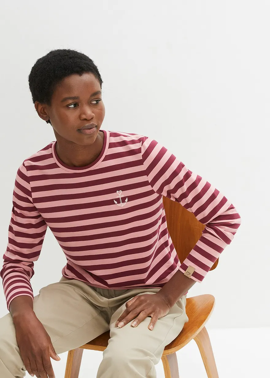 Gestreiftes Langarmshirt mit Stickerei