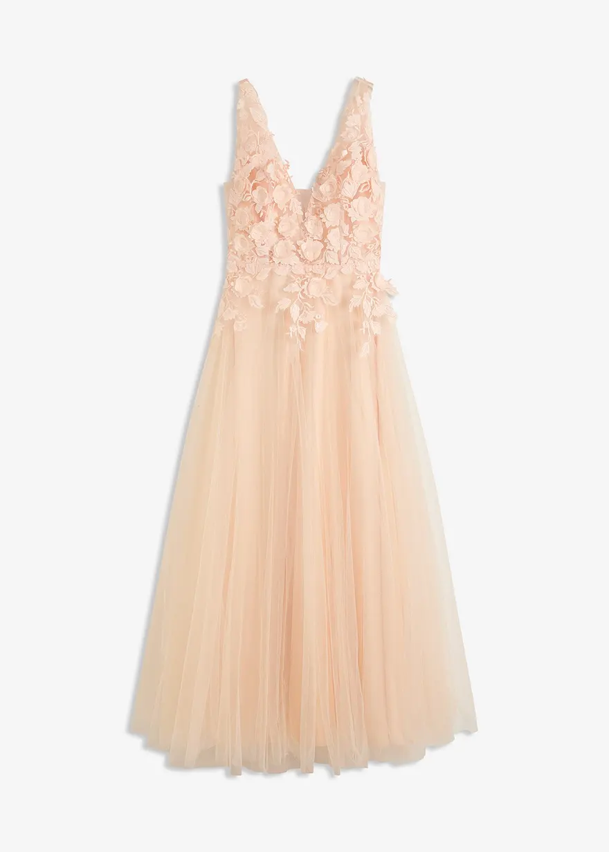 Maxikleid aus zartem Tüll mit Blumen-Applikation