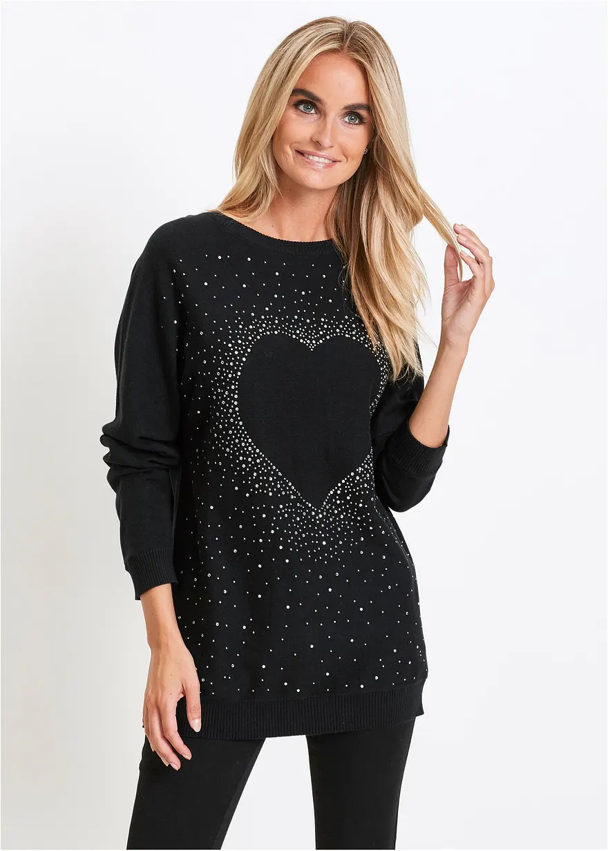 Longpullover mit Herz-Dekostein-Applikation