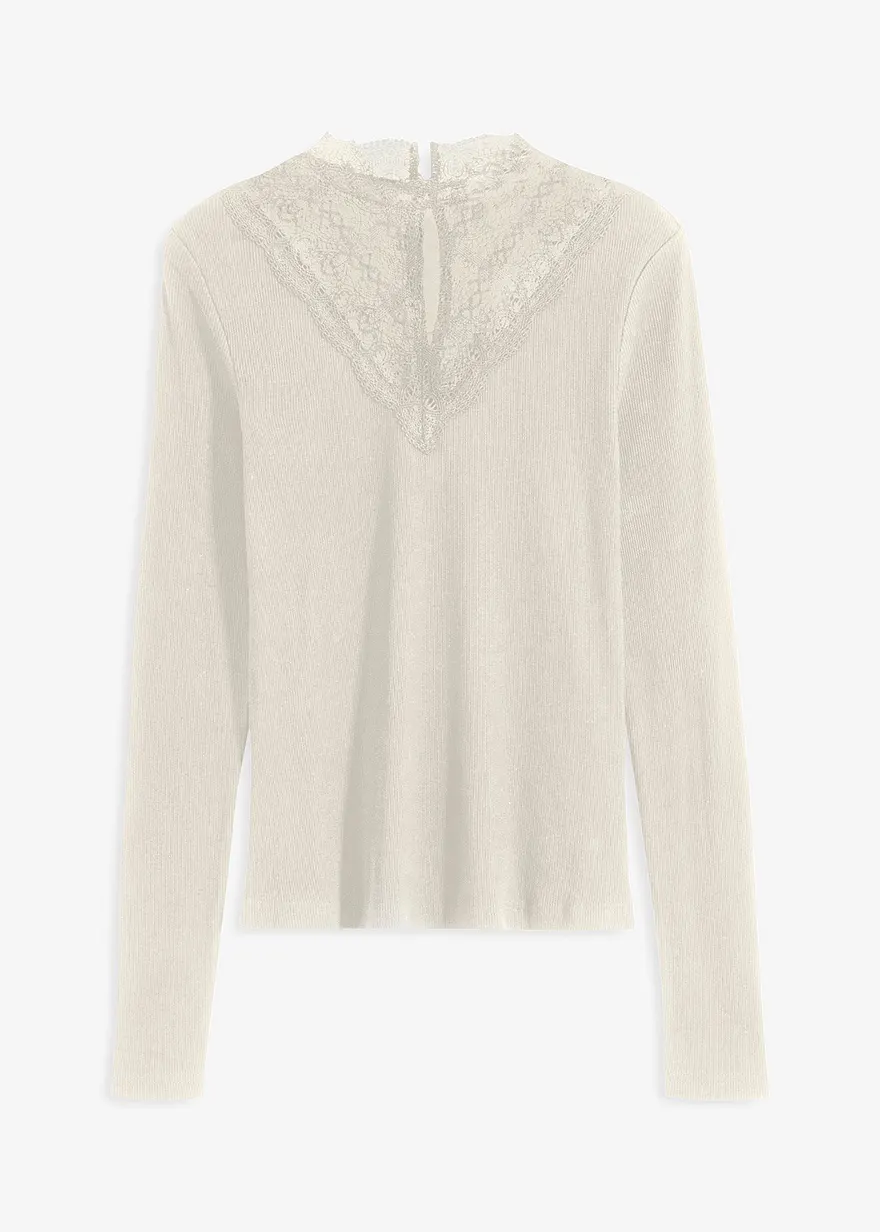 Rippshirt mit Spitzen-Ausschnitt