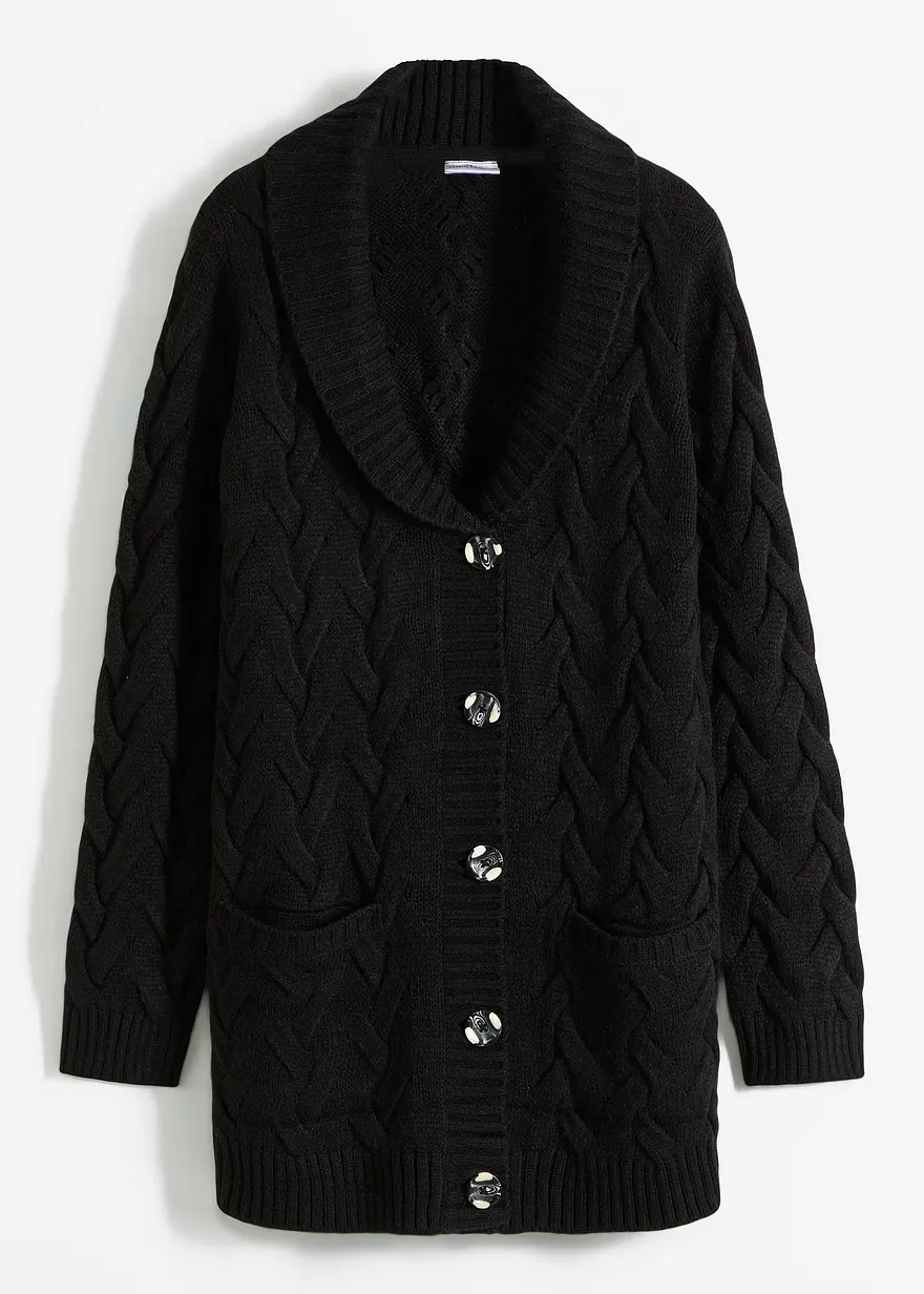 Longstrickjacke mit Schalkragen und Zopfmuster