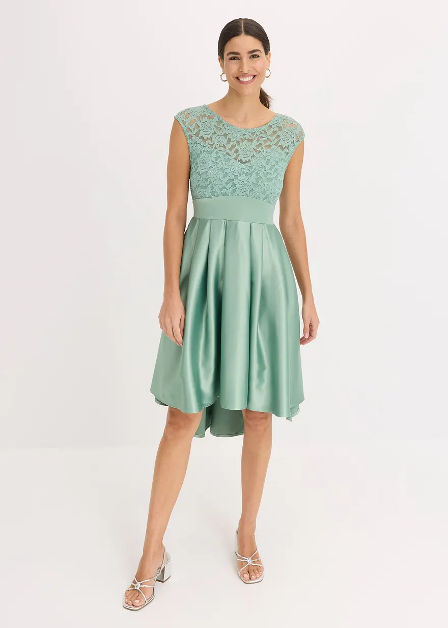 Vokuhila-Kleid aus glänzendem Satin mit Spitze