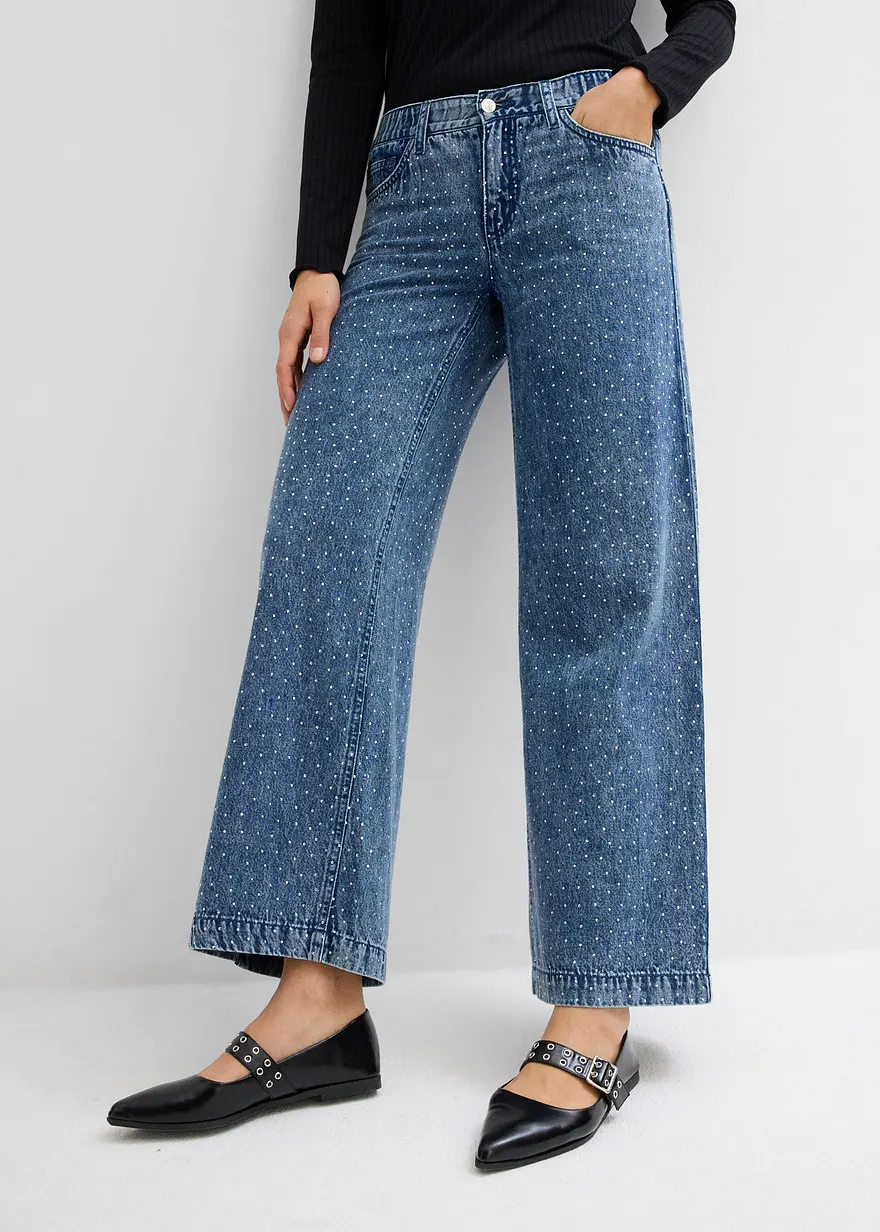 Wide-Leg-Jeans Mid Waist Bequembund mit Strass