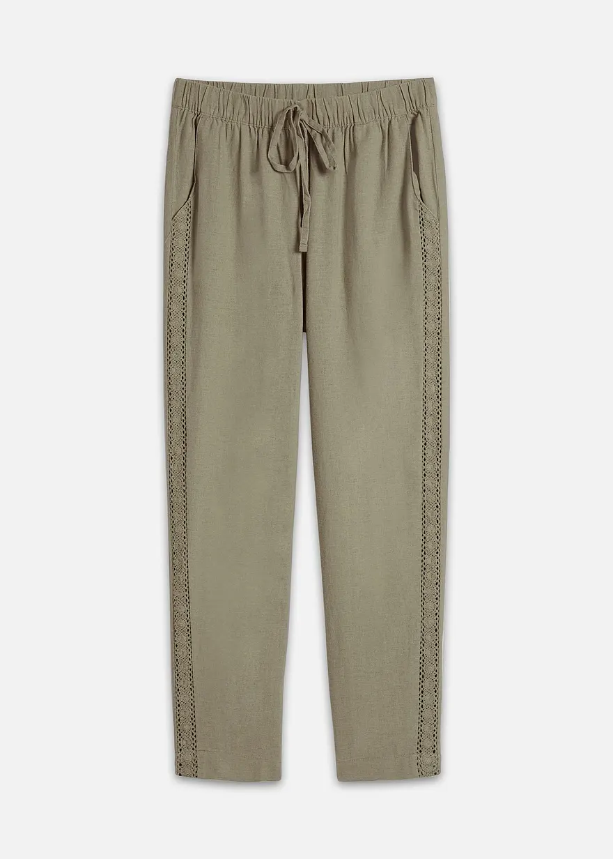 Leinenhose mit seitlichem Spitzeneinsatz, knöchelfrei