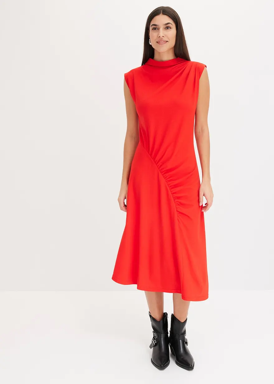 Midikleid mit Drappierung und asymmetrischen Saum