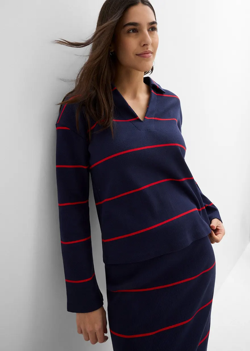 Geripptes Langarm-Poloshirt