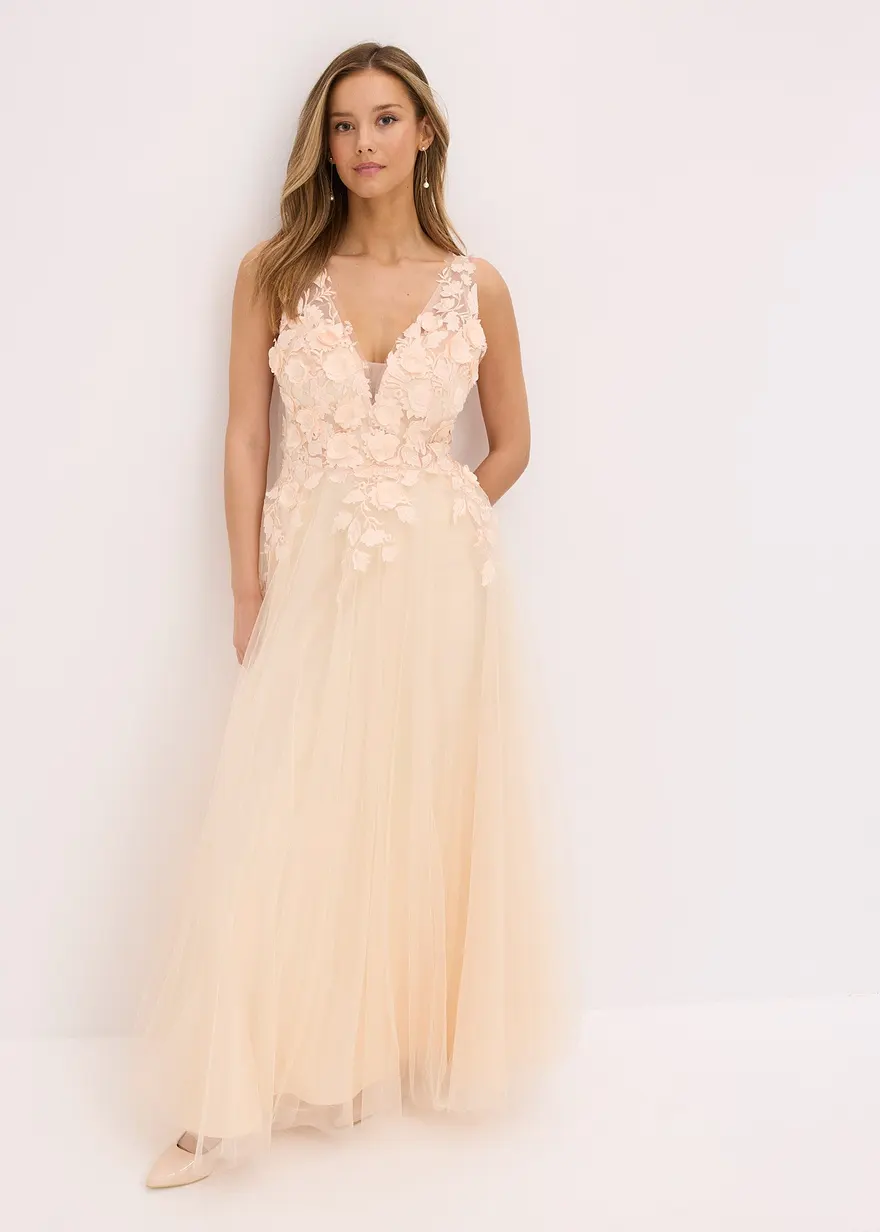 Maxikleid aus zartem Tüll mit Blumen-Applikation