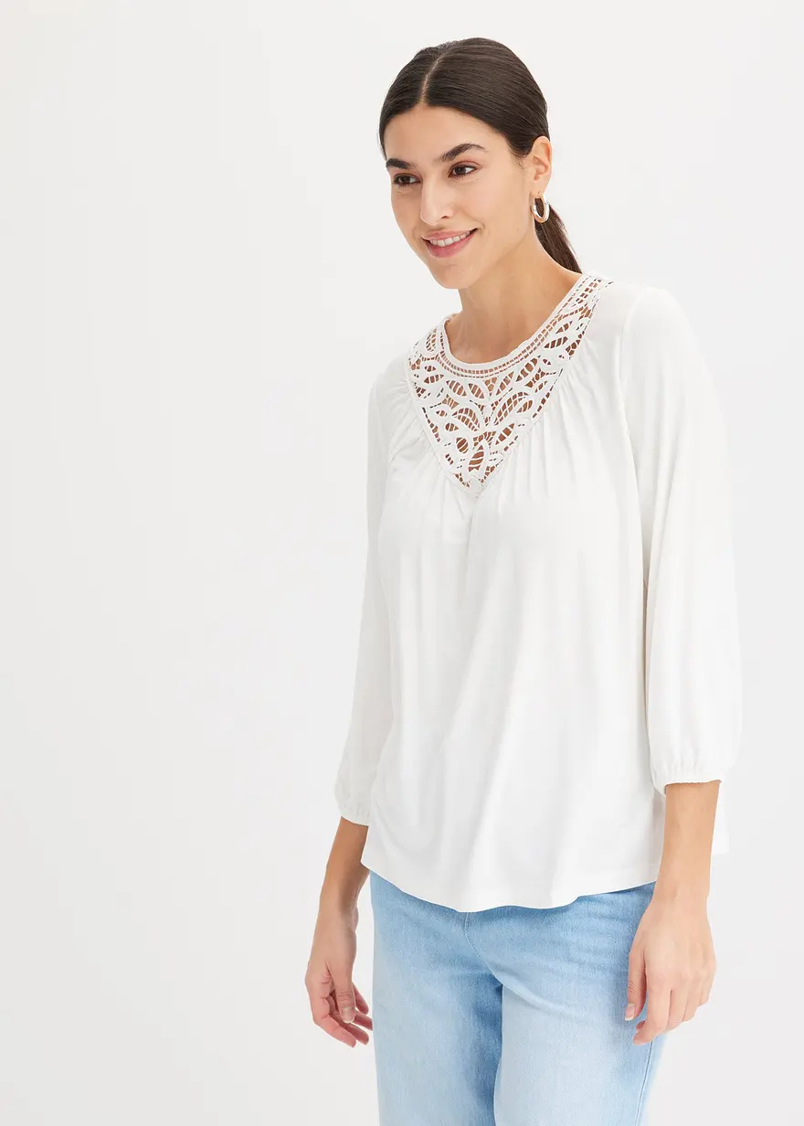 Jersey-Shirt mit Spitzeneinsatz
