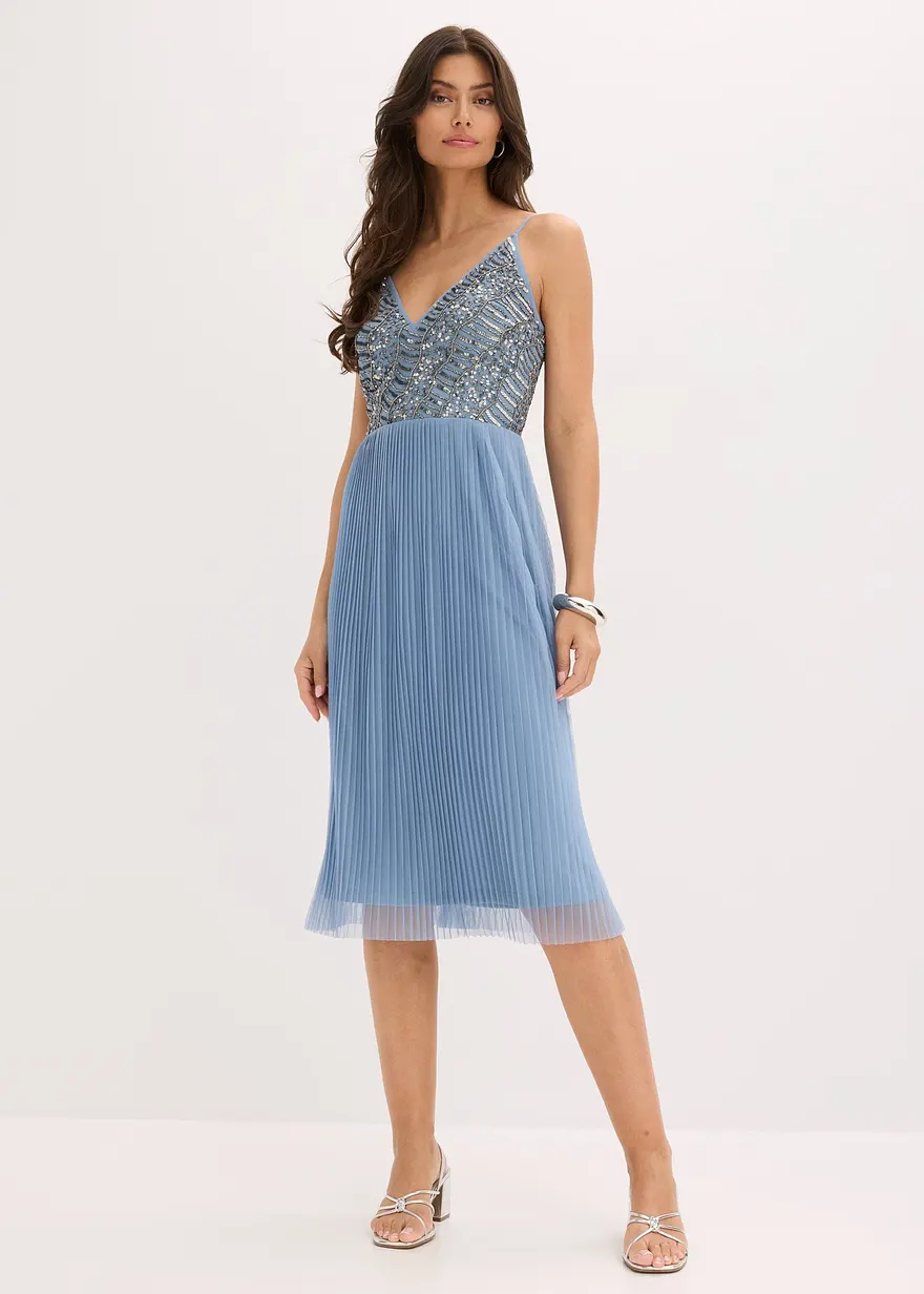 Midikleid mit Faltenrock und Paillettenstickerei