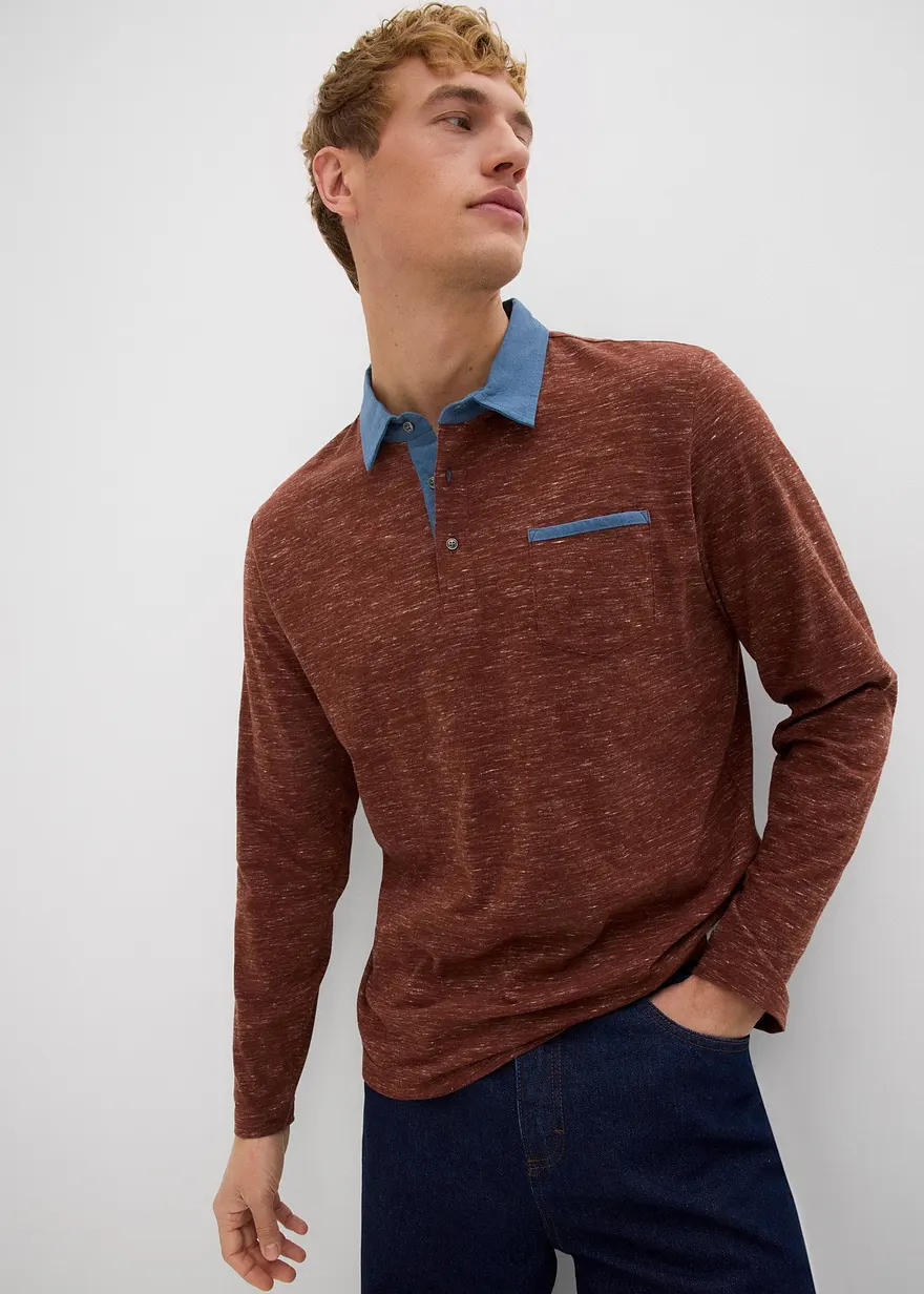 Poloshirt mit gewebtem Kragen, Langarm