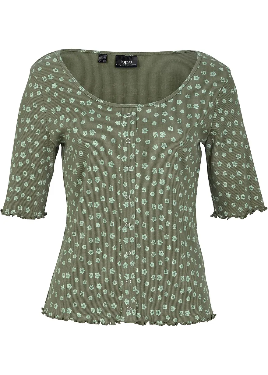 Ripp-Shirt mit Blumendruck, Halbarm