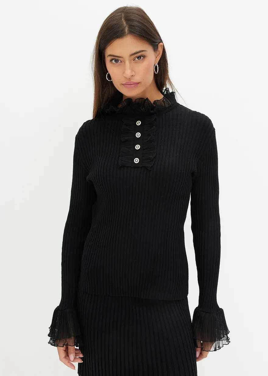 Feinstrick-Shirt mit Chiffon-Volants