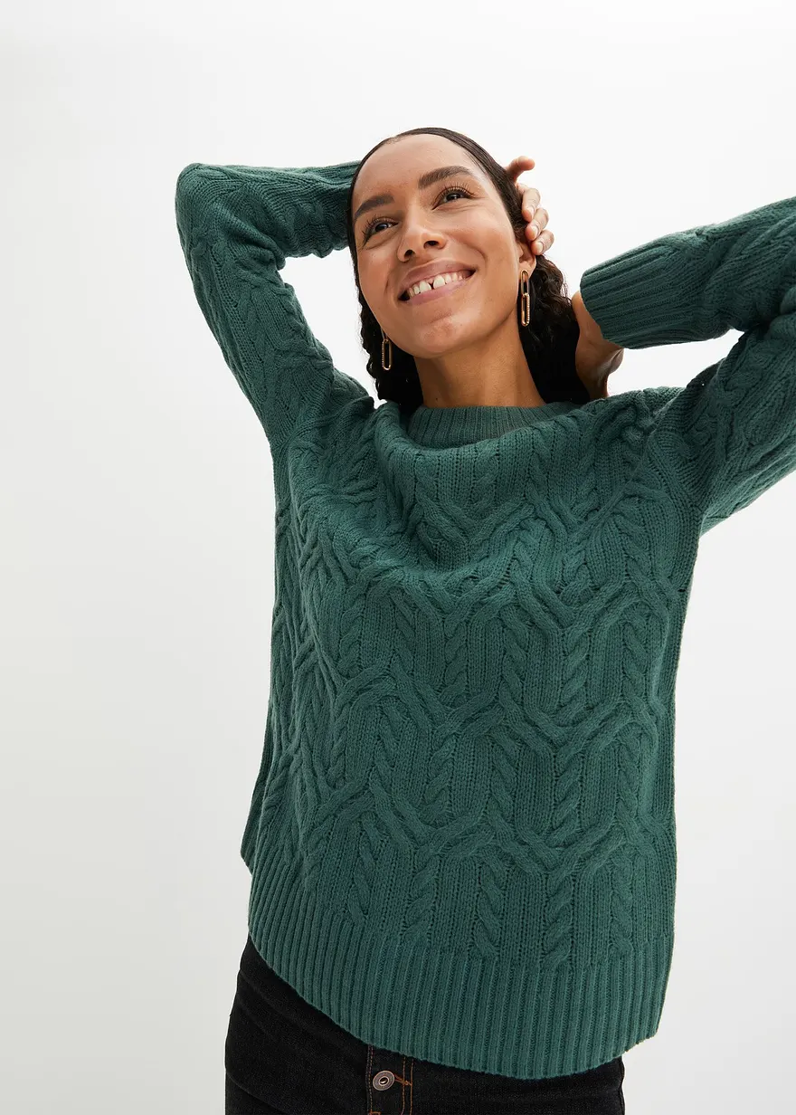 Rundhals-Pullover mit Zopfmuster