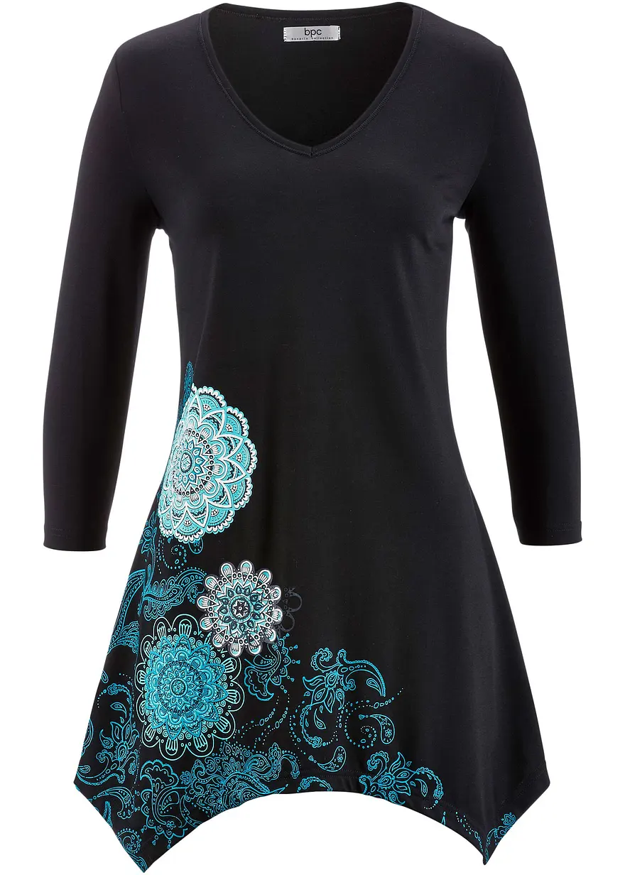 Zipfel-Longshirt mit V-Ausschnitt, 3/4-Arm