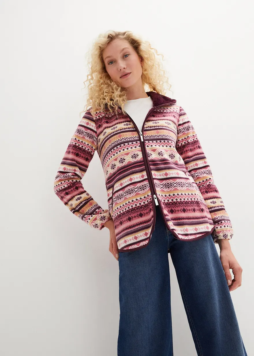 Kapuzen-Fleecejacke mit Norweger-Muster