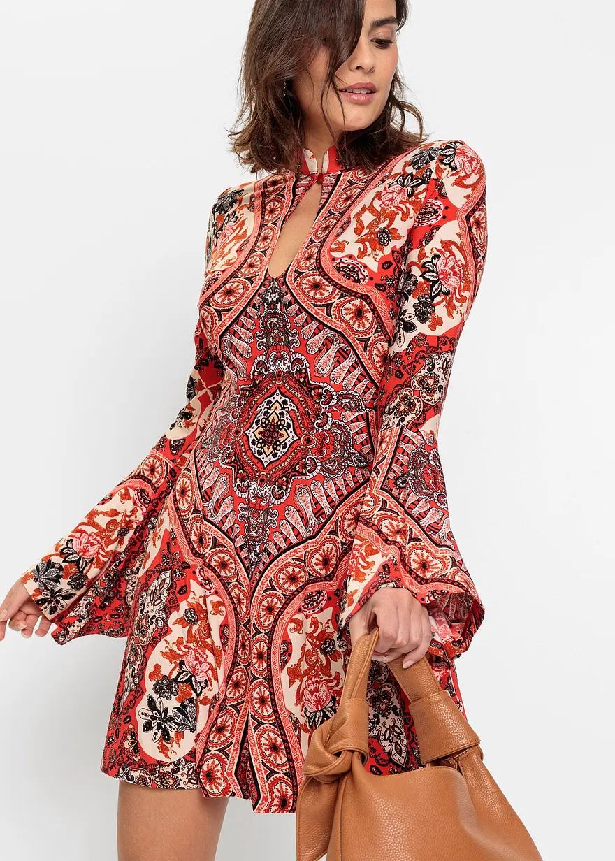 Jerseykleid mit Stehkragen und Volant-Ärmel