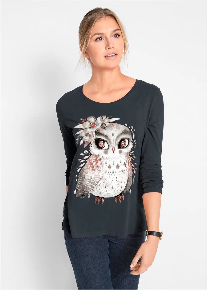 Baumwoll-Langarmshirt mit Eulendruck