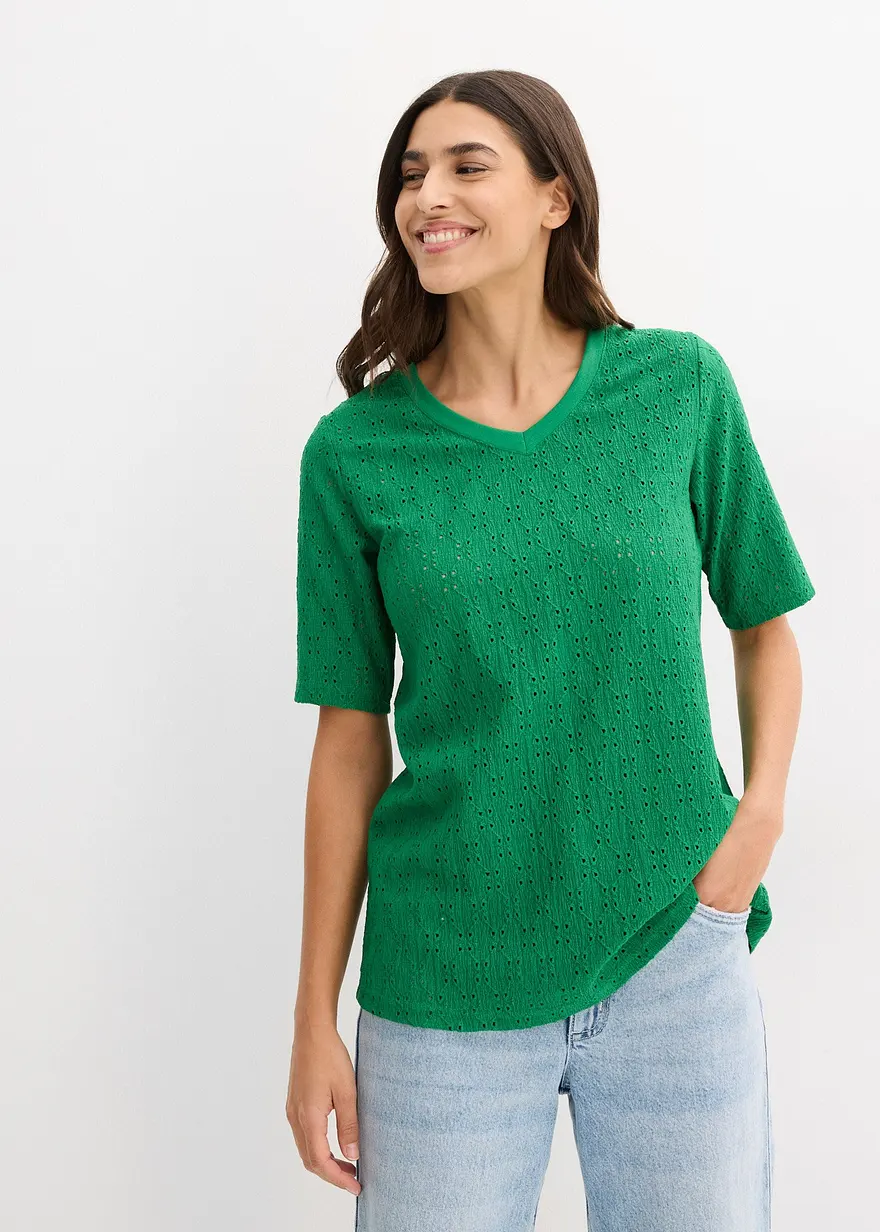 Crêpe-Shirt mit Lochstickerei