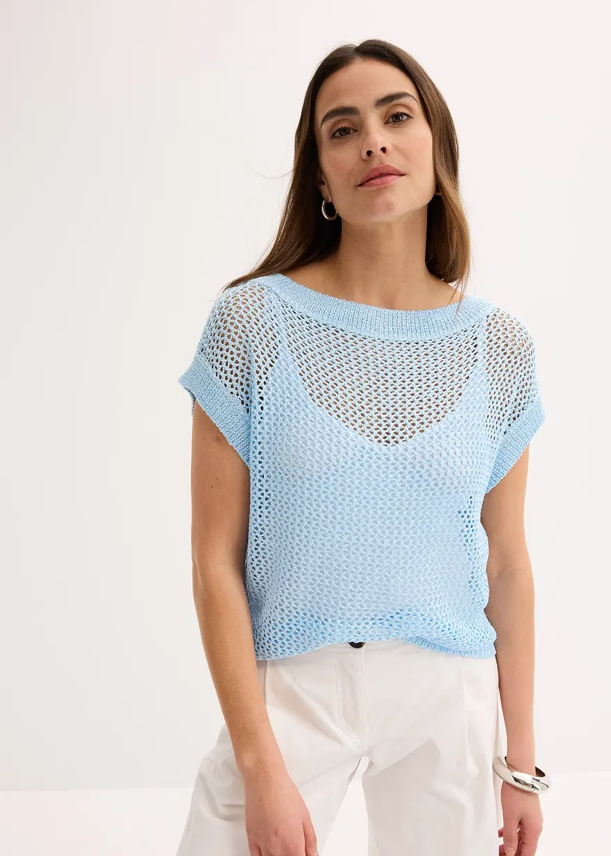 Ajour Pullover aus glänzendem Bändchengarn