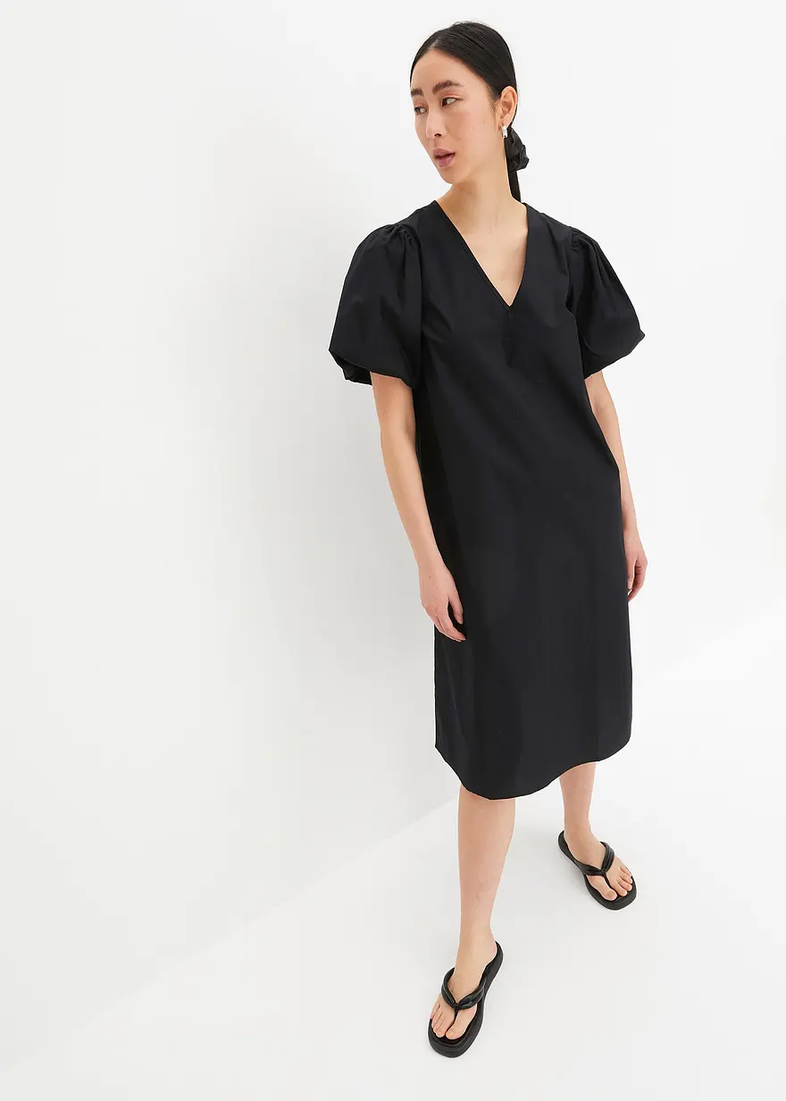Midi-Web-Kleid mit Ballonärmeln aus Bio-Baumwolle, knieumspielend