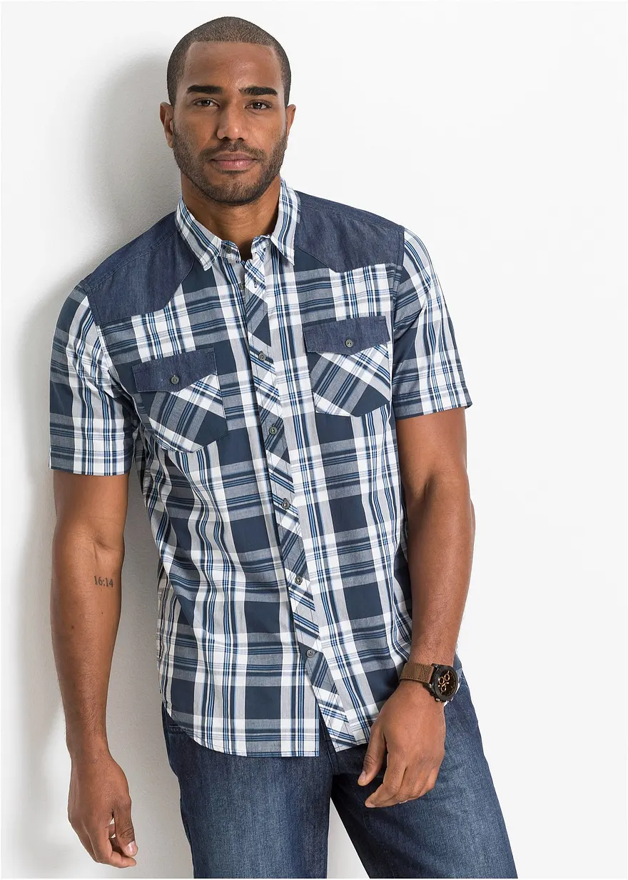 Kurzarmhemd mit Denim-Besatz