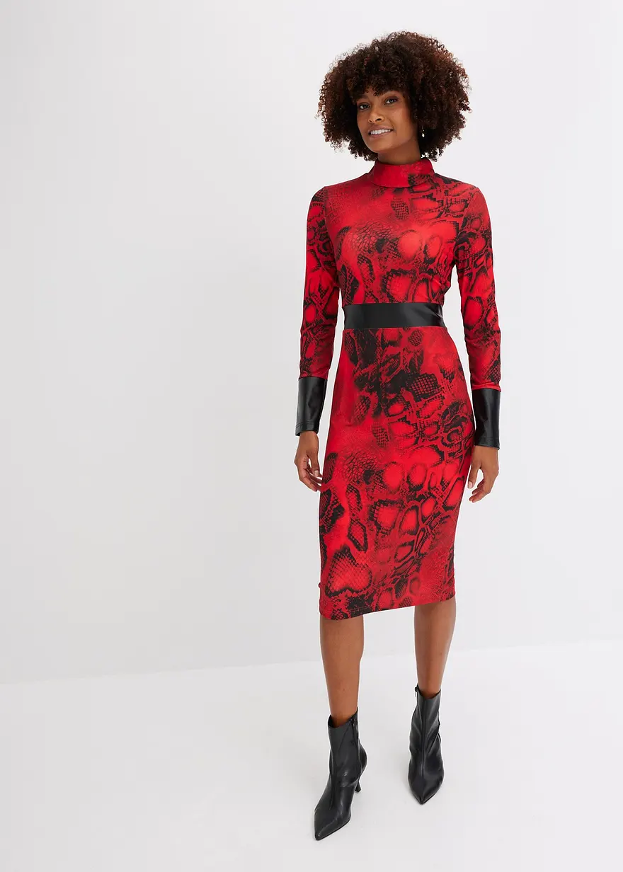 Jerseykleid mit Lederimitat-Einsatz