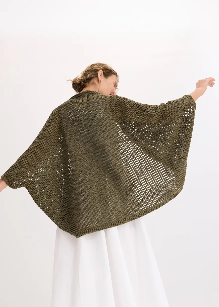 Ajourstrick-Poncho mit Leinenanteil