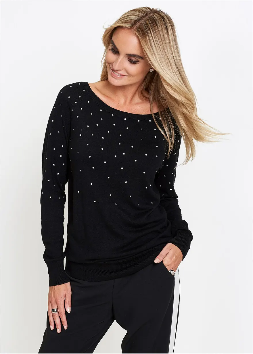 Long-Pullover mit Glitzersteinen