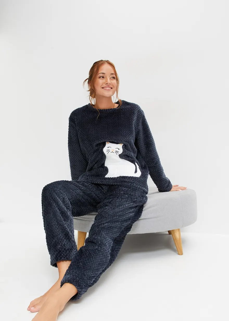 Fleece Loungewear Hausanzug mit Strukturmuster und Applikation