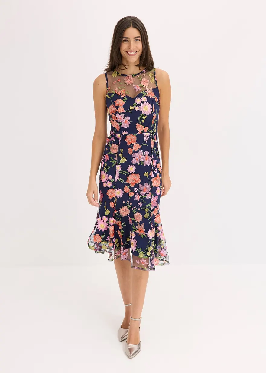 Midikleid mit floraler Stickerei
