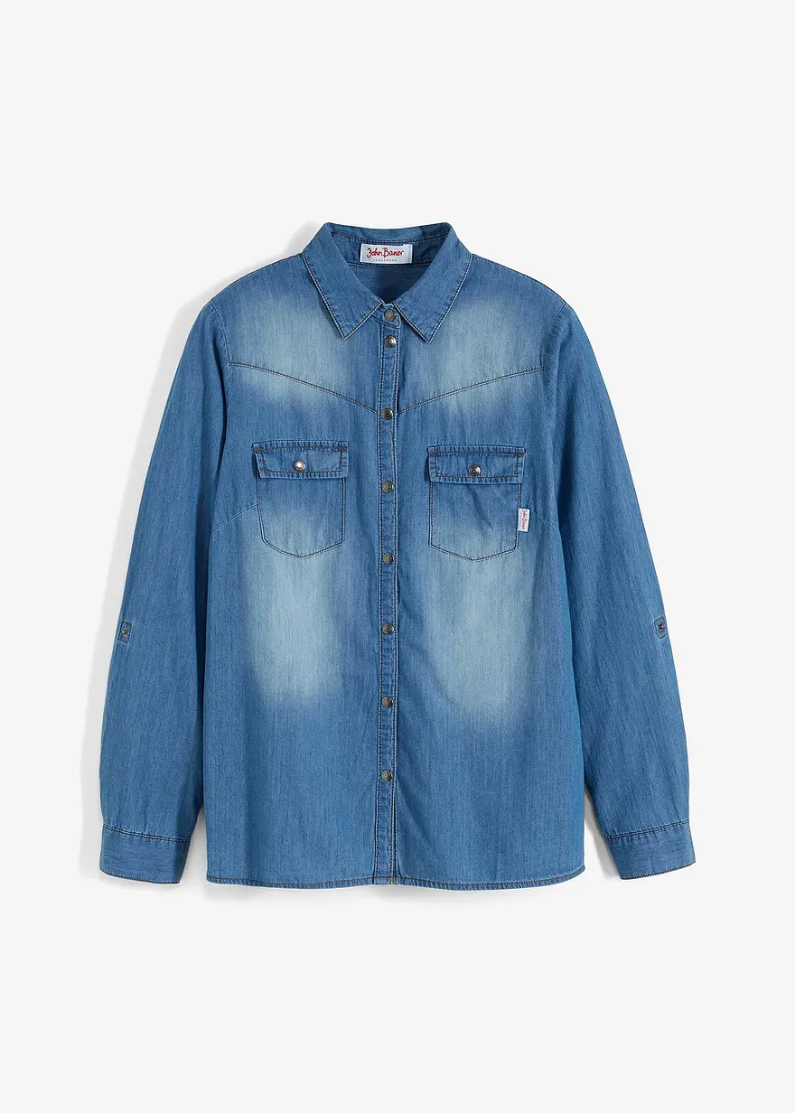 Jeansbluse mit Druckknöpfen, Langarm